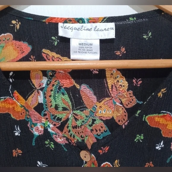90s Butterfly Slinky Crepe Jacqueline Lauren Stretch Button Up Whimsygoth Blouse - Picture 3 of 16